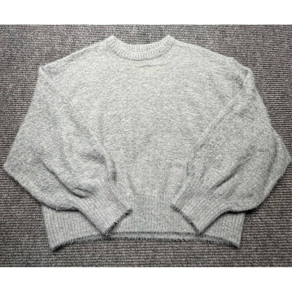 Old Navy Sweater Women XXL‎ Gray Fuzzy Balloon Sleeve Crew Neck Pullover